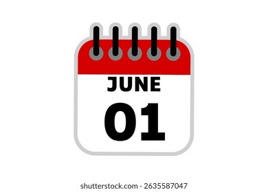 1 June calendar icon text page monthly web design on red, black and white background vector, icon, or illustration with the month of June 1