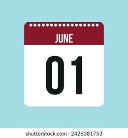 Icono de vector de calendario 1 de junio. Fecha de junio rojo y negro para los días del mes y la semana sobre un fondo claro