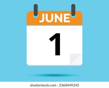 1 June. Flat icon calendar isolated on blue background. Vector illustration.