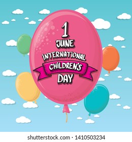 1 june international childrens day background with pink balloon flying in blue sky with clouds. happy Children day greeting card. kids day poster