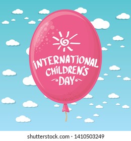 1 june international childrens day background with pink balloon flying in blue sky with clouds. happy Children day greeting card. kids day poster