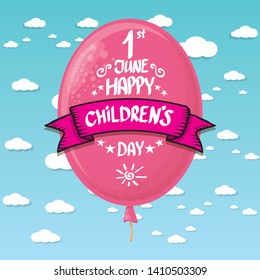 1 june international childrens day background with pink balloon flying in blue sky with clouds. happy Children day greeting card. kids day poster