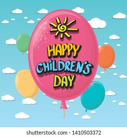 1 june international childrens day background with pink balloon flying in blue sky with clouds. happy Children day greeting card. kids day poster