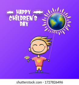 1 june international childrens day background with little funny boy holding in hands baloon and fly in sky. Vector happy international childrens day poster concept with funny cartoon smiling child