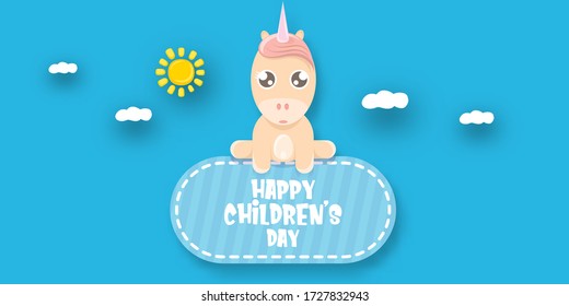 1 june international childrens day horizontal banner with baby unicorn isolated on blue sky background. Vector happy international childrens day poster concept with funny cartoon little unicorn