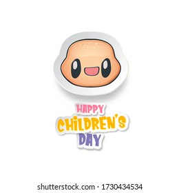 1 june international childrens day background with cute funny boy face isolated on white background. Vector happy international childrens day poster concept with funny cartoon smiling child