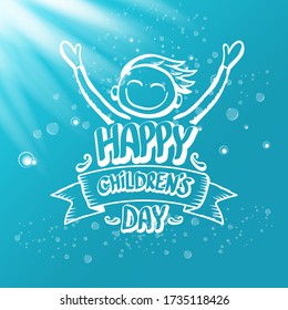 1 june international childrens day icon or label isolated on azure blue sky background with lights and bubbles. happy Children day greeting card. kids day poster. Children day shiny banner