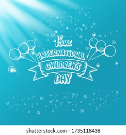 1 june international childrens day icon or label isolated on azure blue sky background with lights and bubbles. happy Children day greeting card. kids day poster. Children day shiny banner