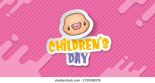 1 june international childrens day cartoon horizontal banner background with cute boy face isolated on pink background. Vector happy childrens day poster concept with funny cartoon smiling child
