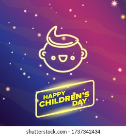 1 june international childrens day horizontal banner with neon kids face on starry black night sky background. Vector happy international childrens day poster concept with funny neon smiling child