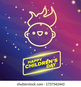 1 june international childrens day horizontal banner with neon kids face on starry black night sky background. Vector happy international childrens day poster concept with funny neon smiling child