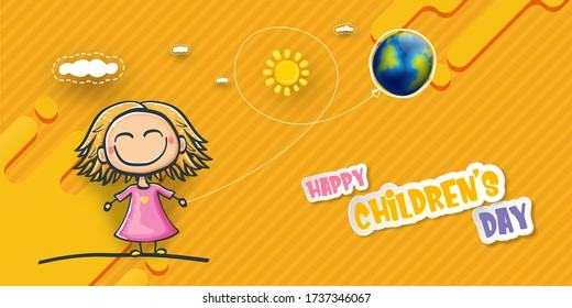 1 june international childrens day horizontal banner background with little funny cute girl isolated on orange. Vector happy childrens day poster concept with funny cartoon smiling child