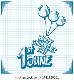 1 june international childrens day cartoon doodle style banner background. happy Children day greeting cad, icon or label. Cartoon kids day poster. Children day hand drawn banner design