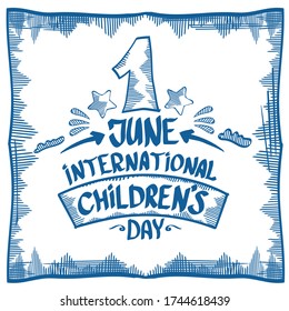 1 june international childrens day cartoon doodle art style banner background. happy Children day greeting cad, icon or label. Cartoon kids day poster. Children day hand drawn banner design