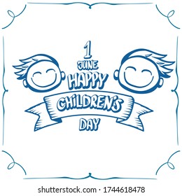1 june international childrens day cartoon doodle art style banner background. happy Children day greeting cad, icon or label. Cartoon kids day poster. Children day hand drawn banner design