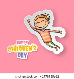 1 june international children's day background with little funny boy isolated on pink background. Vector happy international children's day poster concept with funny cartoon smiling child