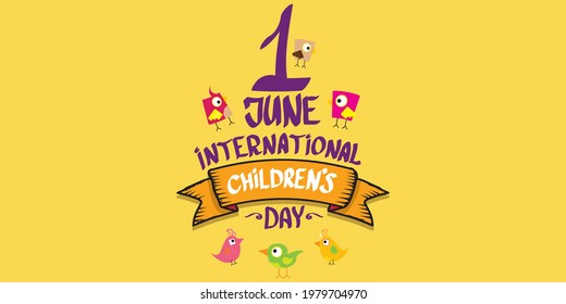 1 June international children's day cartoon doodle style horizontal banner background. happy Children day greeting card, icon or label. Cartoon kids day poster. Children day hand drawn banner design