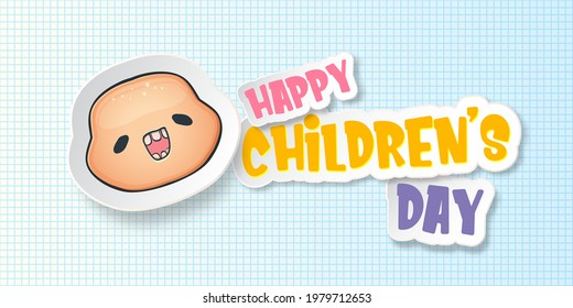 1 June International Childrens Day Cartoon Horizontal Banner Background With Cute Boy Face Isolated On Blue Grid Background. Vector Happy Childrens Day Poster Concept With Funny Cartoon Smiling Child