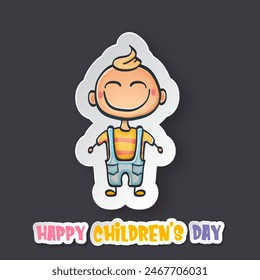 1 june international children's day background with little funny boy isolated on grey background. Vector happy international children's day poster concept with funny cartoon smiling child