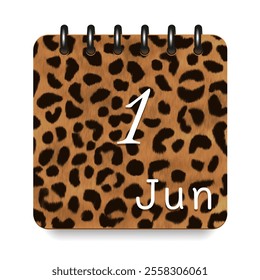 1 June. Leopard print calendar daily icon. White letters. Date day week Sunday, Monday, Tuesday, Wednesday, Thursday, Friday, Saturday.