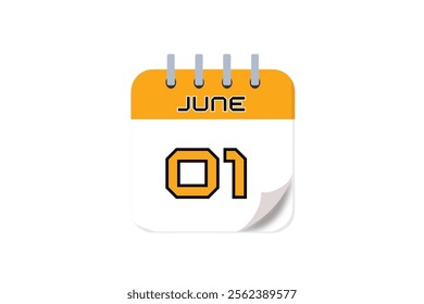 1 June month single day vector, illustration, calendar with yellow, black and white color background calendar June 1