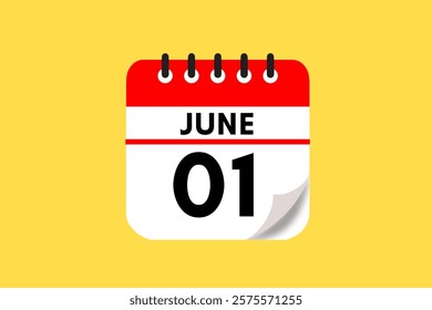 1 June month single day vector, illustration, calendar with red, black, white and yellow color background calendar June 1