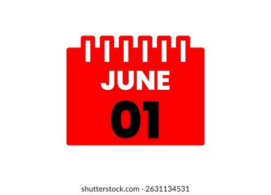 Vector de un solo día del mes de junio, ilustración, calendario con el icono rojo, negro y blanco del calendario del fondo del color del 1 de junio