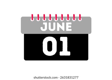 1 June month single day vector, illustration, calendar with ash, black, red and white color background calendar icon of June 1