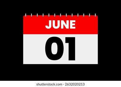 1 June month single day vector, illustration, calendar with red, off-white and black color background calendar icon of June 1