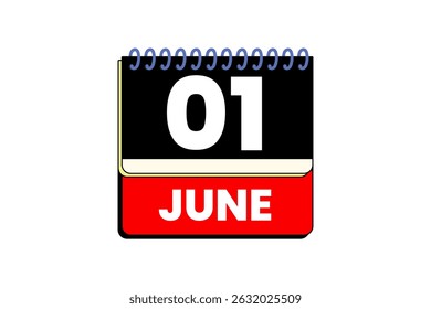 1 junho mês vetor dia único, ilustração, calendário com vermelho, preto e branco ícone de calendário de fundo de cor de junho 1