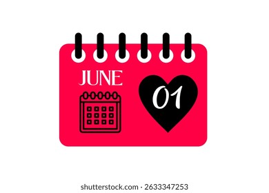 1 June month single day vector, illustration, calendar with red, black and white color background calendar icon of June 1