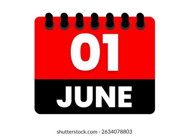 1 June month single day vector, illustration, calendar with red, black and white color background calendar icon of June 1