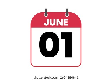Vector de un solo día del mes de junio, ilustración, calendario con el icono rojo, negro y blanco del calendario del fondo del color del 1 de junio