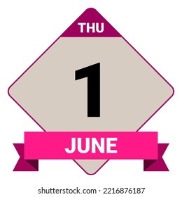 1 June, Thursday. Date template. Useful design for calendar or event promotion. Vector illustration EPS 10 File. Isolated on white background.
