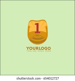1 letter landscape vector illustration with mountain, sun and road. Vintage brand identity.