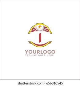 1 letter landscape vector illustration. Vintage sunset logo with sun.