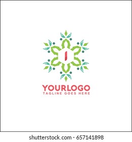 1 letter trendy and elegant logo design. Vector floral shop or studio, wedding florist, custom. circle with flowers and leaves.