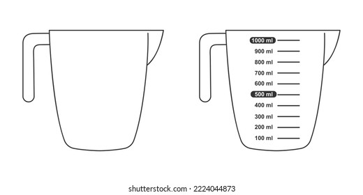 1 litro de vasos de medición de volumen con y sin escala de capacidad. Contenedores líquidos para cocinar. Ilustración gráfica vectorial.