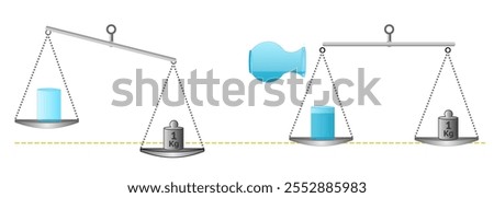 1 liter of water and one kilo of weight on the scale. Equalizing the weight of the glass filled into the jug on the seesaw. Water weight calculation. Vector illustration