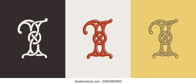 1 logo. Celtic number One monograms. Insular style initial with knots and interwoven cords. British, Irish, or Saxons overlapping monogram. Medieval font for tattoo, St. Patrick day, and sportswear.