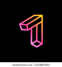 1 logotipo. Isometric número uno. Emblema de luces de neón. Diseño de líneas imposibles de gradiente multicolor. Icono de luz cúbica para etiquetas de cadenas de bloqueo, titulares de vida nocturna, afiches futuristas, publicidad de NFT.