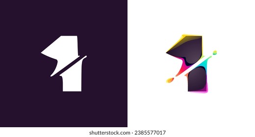 1 Logo. Nummer eins mit Cyberverzerrung, Farbverschiebungseffekt. Farbverlauf-Typ mit mehreren Farben. Neon glitzert Illusion Symbol. Farbige Art für futuristische Tech-Titel, Video-Spielbildschirm, lebendige Glücksspielkunst.
