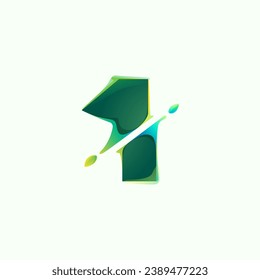 1 logotipo. Logotipo ecológico número uno con hojas verdes y distorsión diagonal, efecto de cambio de color. Vector ecológico. Emblema foliage exuberante. Banner perfecto para la naturaleza, etiquetas saludables, icono de reciclaje de residuos.