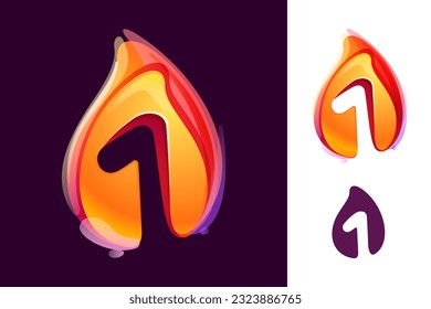 1 logo. Number one in fire flame. Negative space 3D realistic icon. Vibrant initial in overlapping watercolor style. Vector watercolor font for danger labels, warning posters, sport identity.