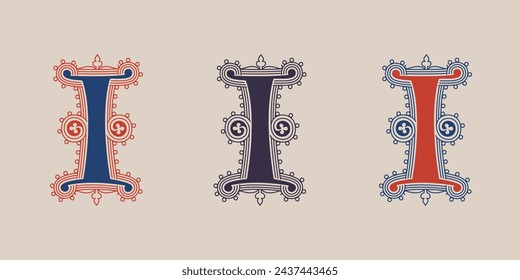 1 logo. Number one illuminated gothic monogram with naturalistic flowers ornament. Dark age german drop cap. Classic medieval red and blue Latin initials font based on XIV century manuscript.