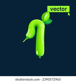 1 logo. Number one made of twisted balloons. Eco-friendly realistic 3D render with green leaves. Vector elements in cartoon style. Perfect for nature banner, healthy food labels, garden, and grass.