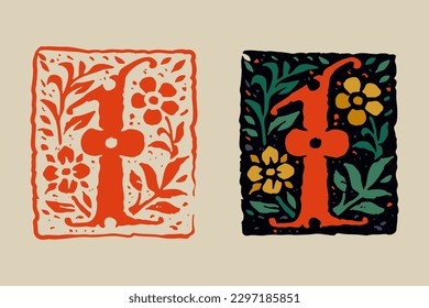 1 logotipo. Número uno de la inicial gótica gótica medieval. Gorra de gota grabada del siglo XVI. Tipo de letra vintage de estilo Blackletter. Icono de capital de la Edad Media con adorno floral. Caligrafía en forma de cuadrado vectorial.