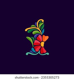 1 logotipo. Número uno con un colorido y ornamentado patrón étnico mexicano. Las hojas tradicionales aztecas y las flores adornan el bordado. Diseño vectorial para la comida folclórica española, vacaciones, carnaval y fiesta.