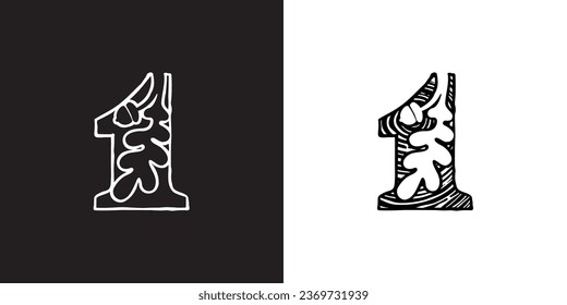 1 logo. Number one with oak leaf and acorn. Tree cross-section. Natural wood texture, ring pattern. Trunk saw cut. Negative space emblem. Vector icon for eco identity, university coat of arms.