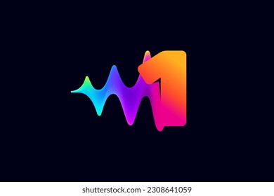 1 logotipo. Logotipo número uno con elemento reproductor de música de pulso. Línea de flujo de ondas acústicas vibrantes y efecto de destellos. Icono de degradado de neón. Vector para tienda de tecnología, música electrónica, ecualizador de audio, afiches de DJ.